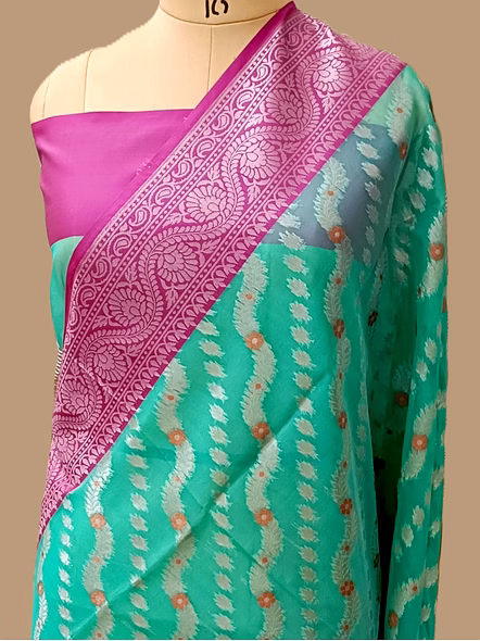 Exquisite Sea Green Kora Saree with Contrast Border