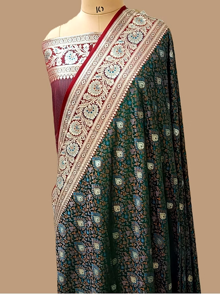 Elegant Katan Silk Saree in Bottle Green with Tanchui Buti
