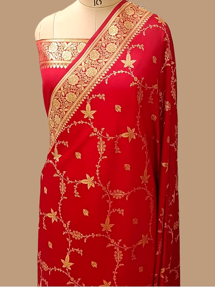Exquisite Red Katan Silk Saree Jaal Design - Indian Ethnic Wear