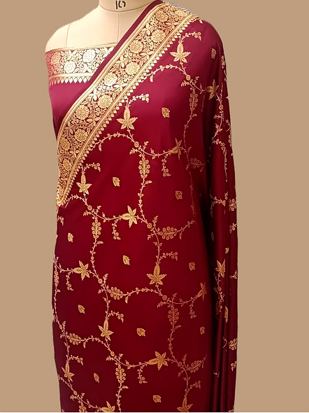 Exquisite Maroon Katan Silk Saree with Jaal Design - A Timeless Elegance-D002-MN