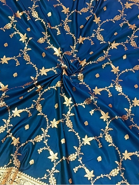 Navy Blue Katan Silk Saree Jaal Design - Elegant Indian Attire-4