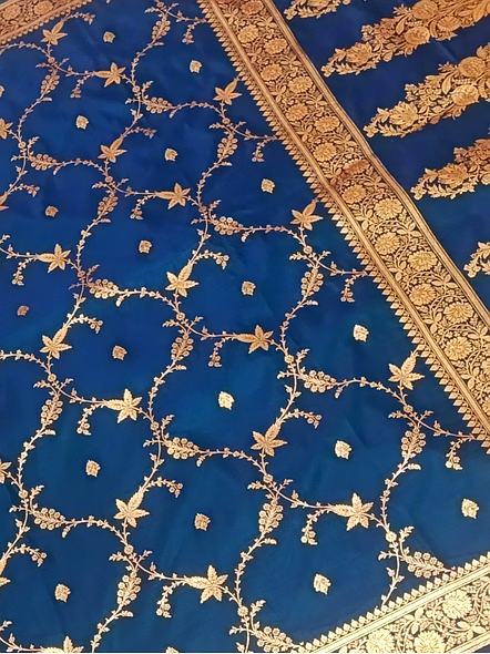 Navy Blue Katan Silk Saree Jaal Design - Elegant Indian Attire