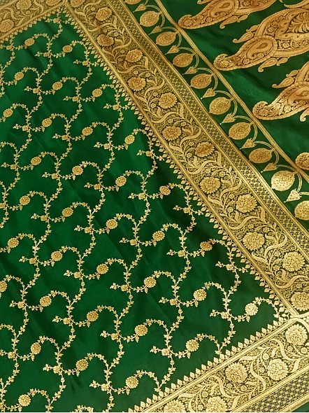 Green Katan Silk Saree Jaal - Exquisite Elegance for Special Occasions