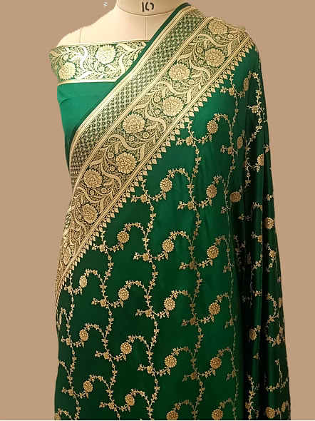 Green Katan Silk Saree Jaal - Exquisite Elegance for Special Occasions