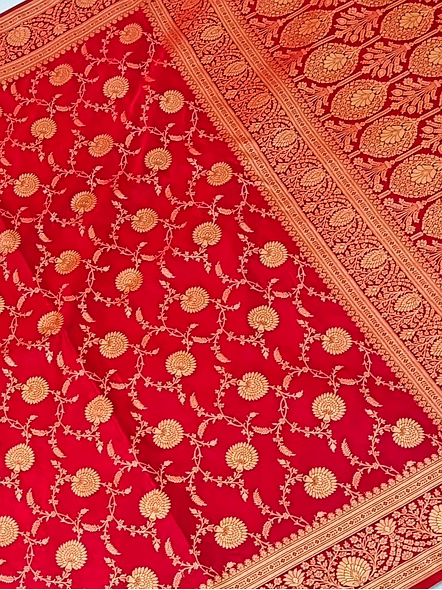 Exquisite Red Katan Silk Saree Jaal | Aanchal Fabric-1