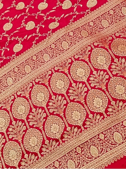 Exquisite Red Katan Silk Saree Jaal | Aanchal Fabric-2