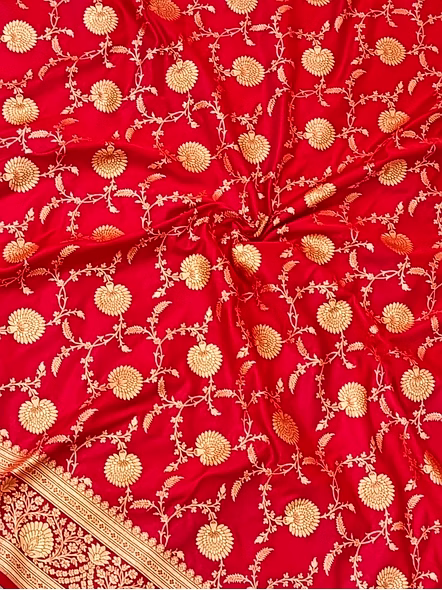 Exquisite Red Katan Silk Saree Jaal | Aanchal Fabric-3