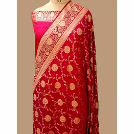 exquisite red katan silk saree jaal | aanchal fabric
