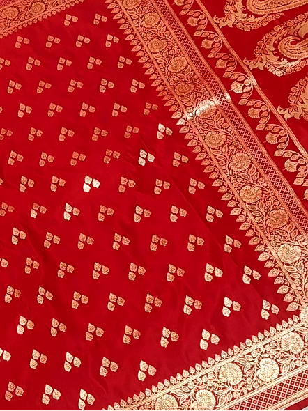 Exquisite Red Katan Silk Saree Triple Buti - Aanchal Fabric