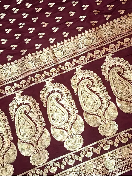 Brown Katan Silk Saree Triple Buti - Luxurious Elegance for Special Occasions-3