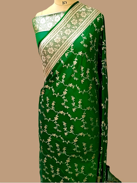 Exquisite Green Katan Silk Saree Jaal - Luxurious Elegance-1
