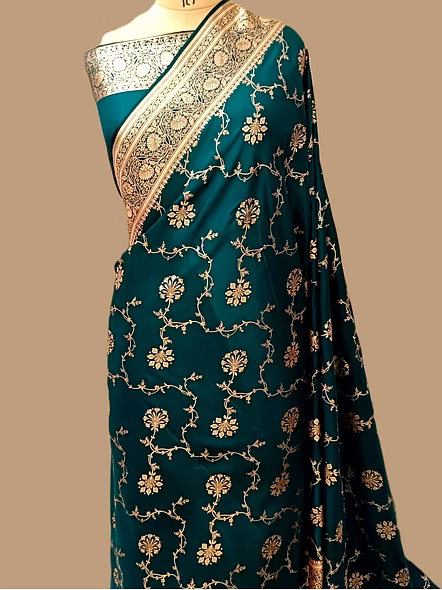 Teal Green Katan Silk Saree Jaal - Traditional Elegance at Its Finest
