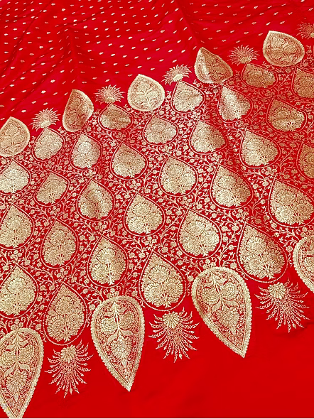 Exquisite Red Katan Silk Saree Buti Jocket Blouse-3