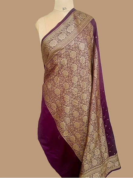 Wine Georgette Banarasi Silk Saree with Brocade Blouse-3