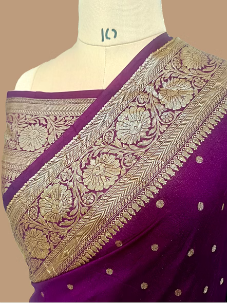 Wine Georgette Banarasi Silk Saree with Brocade Blouse-2