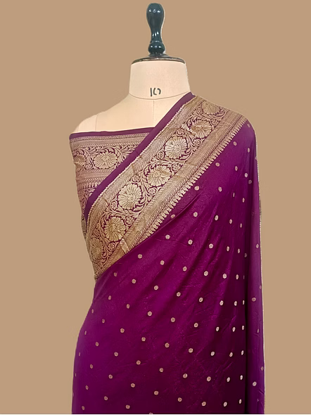 Wine Georgette Banarasi Silk Saree with Brocade Blouse