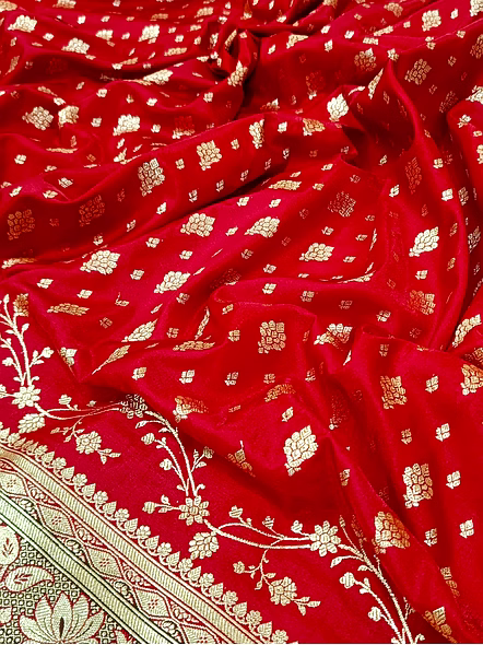 Red Nylon Satin Silk Banarasi Saree with Contrasting Border-4