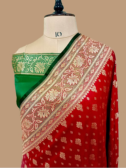 Red Nylon Satin Silk Banarasi Saree with Contrasting Border-2