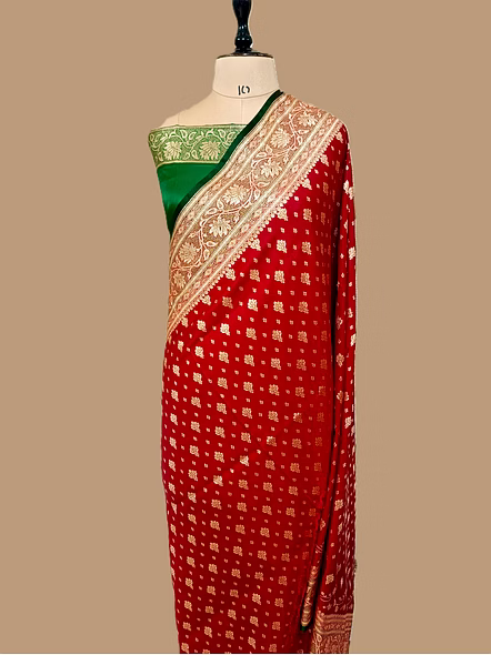Red Nylon Satin Silk Banarasi Saree with Contrasting Border