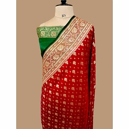 aanchal red nylon satin silk banarasi saree with contrasting border