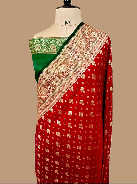 Red Nylon Satin Silk Banarasi Saree with Contrasting Border