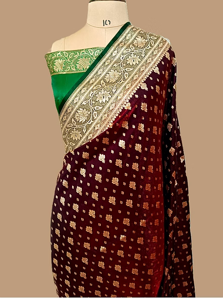 Mahroon Nylon Satin Silk Banarasi Saree with Contrast Border - Elegant Ethnic Wear