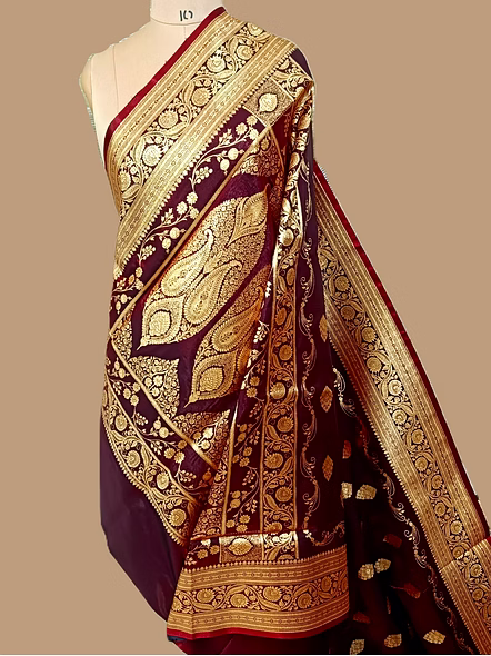 Elegant Mahroon Nylon Satin Silk Banarasi Saree - Aanchal Fabric-3