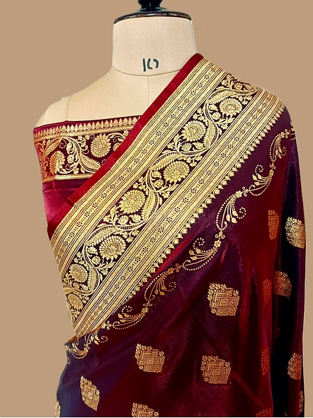 Elegant Mahroon Nylon Satin Silk Banarasi Saree - Aanchal Fabric-2