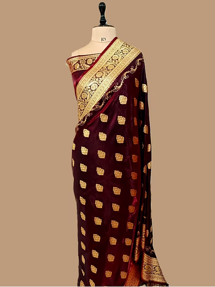 Elegant Mahroon Nylon Satin Silk Banarasi Saree - Aanchal Fabric-1