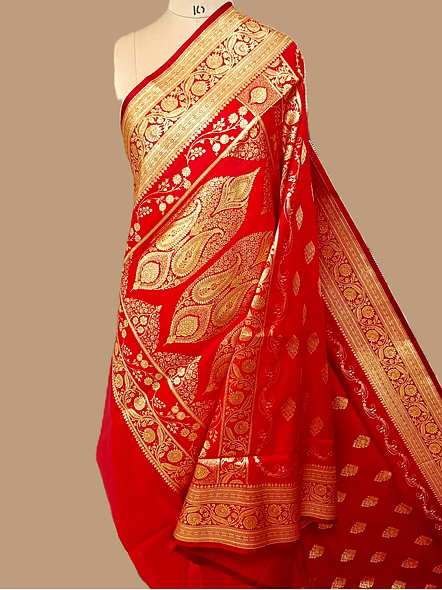 Elegant Red Nylon Satin Silk Banarasi Saree - A Timeless Tradition-3