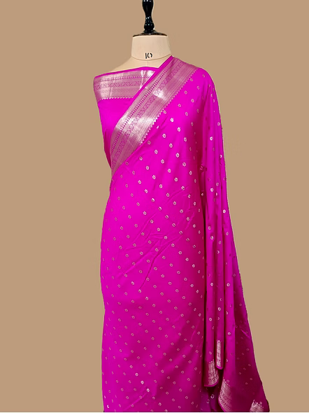 Exquisite Rani Pure Chiniya Silk Banarasi Buti Saree with Silver Zari Embellishments-1