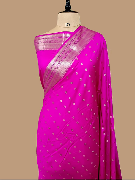 Exquisite Rani Pure Chiniya Silk Banarasi Buti Saree with Silver Zari Embellishments-AF-0040-RN