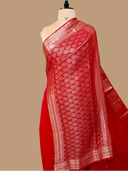 Red Pure Chiniya Silk Banarasi Buti Saree with Silver Zari Work - Elegant Ethnic Attire-3