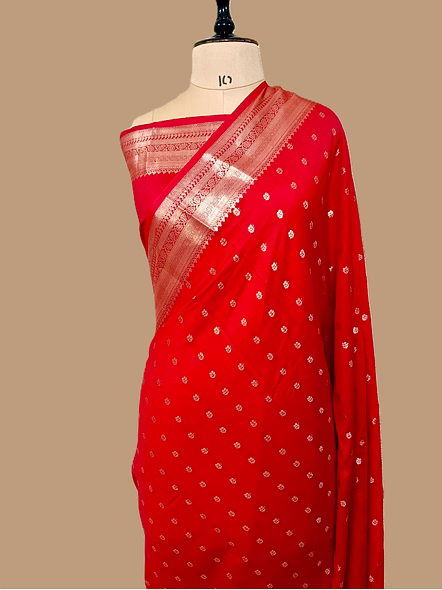 Red Pure Chiniya Silk Banarasi Buti Saree with Silver Zari Work - Elegant Ethnic Attire