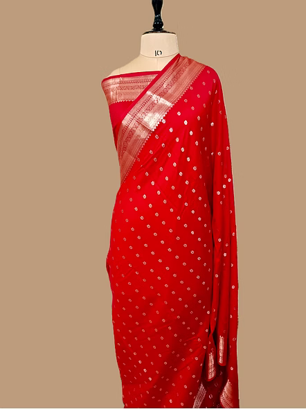 Red Pure Chiniya Silk Banarasi Buti Saree with Silver Zari Work - Elegant Ethnic Attire