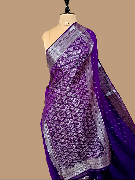 Purple Pure Chiniya Silk Banarasi Buti Saree | Elegant Indian Ethnic Wear-3