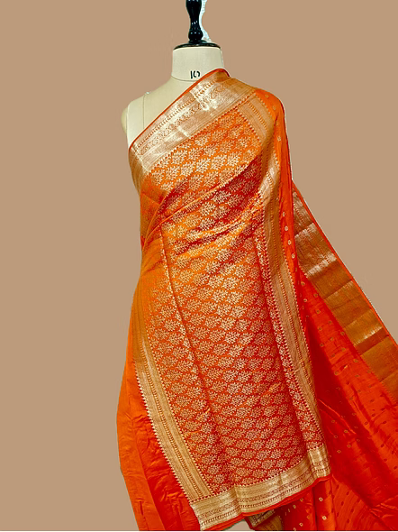 Orange Pure Chiniya Silk Banarasi Buti Saree - Exquisite Traditional Elegance-3