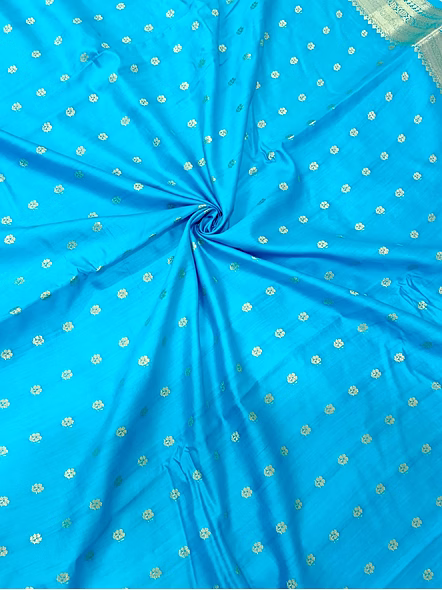 Elegant Firozi Pure Chiniya Silk Banarasi Buti Saree with Silver Zari Detailing-4