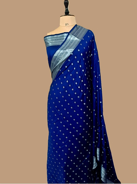 Navy Blue Pure Chiniya Silk Banarasi Buti Saree - Traditional Elegance