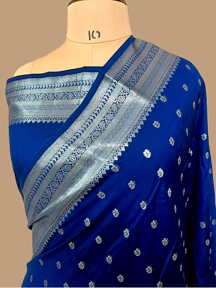 Navy Blue Pure Chiniya Silk Banarasi Buti Saree - Traditional Elegance-2