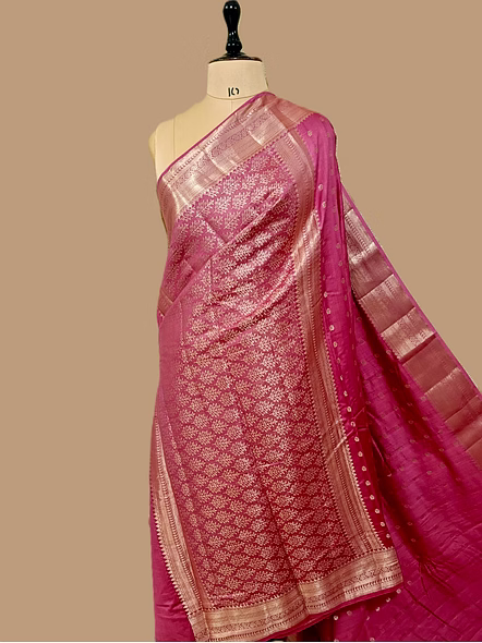 Gajri Pure Chiniya Silk Banarasi Buti Saree with Silver Zari Work-3
