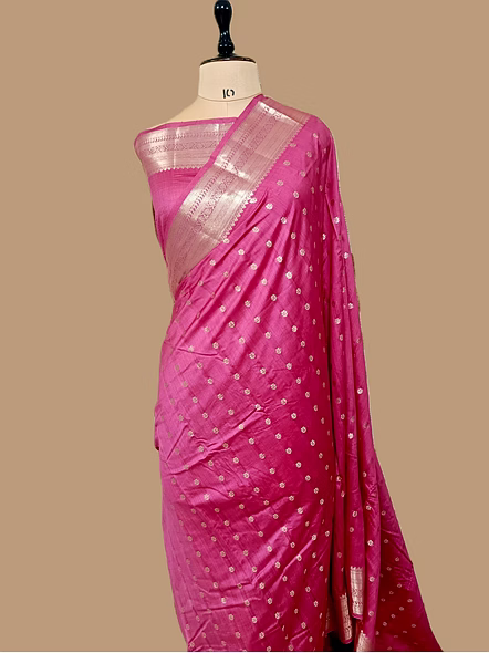 Gajri Pure Chiniya Silk Banarasi Buti Saree with Silver Zari Work