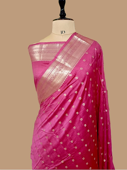 Gajri Pure Chiniya Silk Banarasi Buti Saree with Silver Zari Work