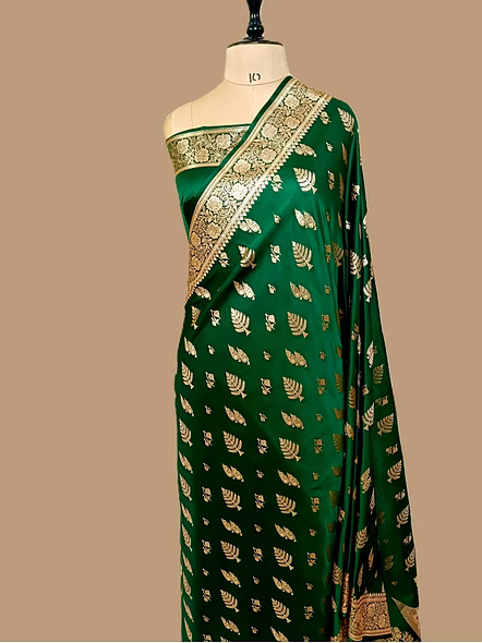 Buy Elegant Bottle Green Katan Silk Banaras Saree Online - Aanchal Fabric