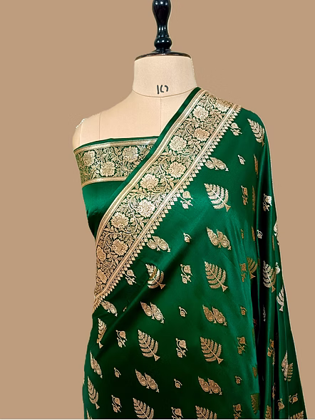 Buy Elegant Bottle Green Katan Silk Banaras Saree Online - Aanchal Fabric