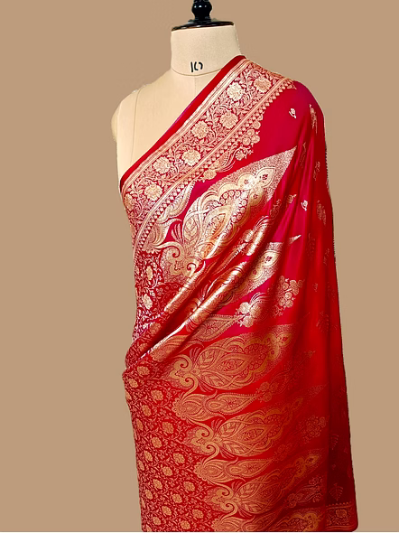 Strawberry Red Katan Silk Banarasi Saree - Exquisite Elegance-3