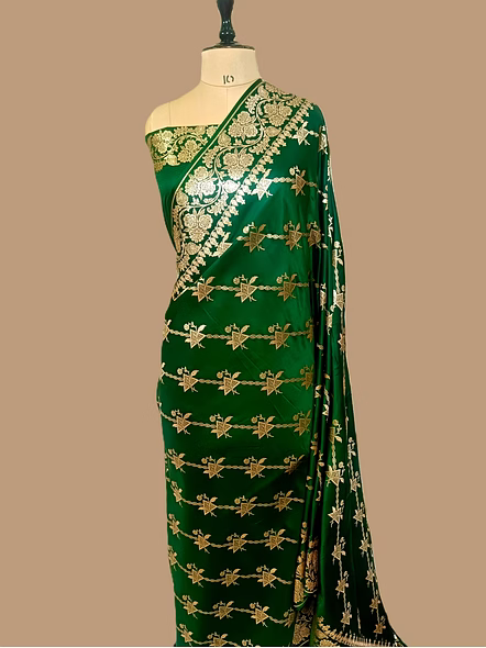 Exquisite Bottle Green Katan Silk Banarasi Saree by Aanchal Fabric-1