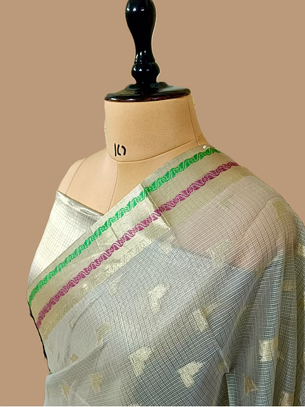Handcrafted Gray Kota Silk Banarasi Saree - Elegant Indian Ethnic Wear-2