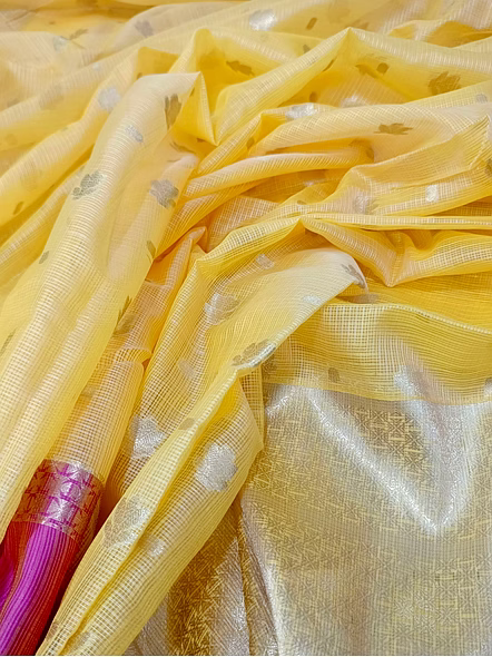 Lemon Gold Kota Silk Contrasting Borders Banarasi Saree-4