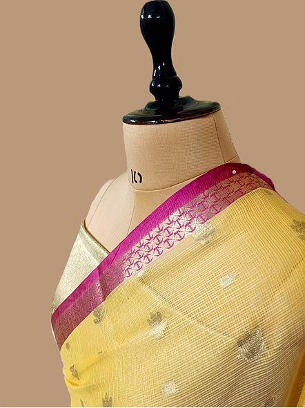 Lemon Gold Kota Silk Contrasting Borders Banarasi Saree-2